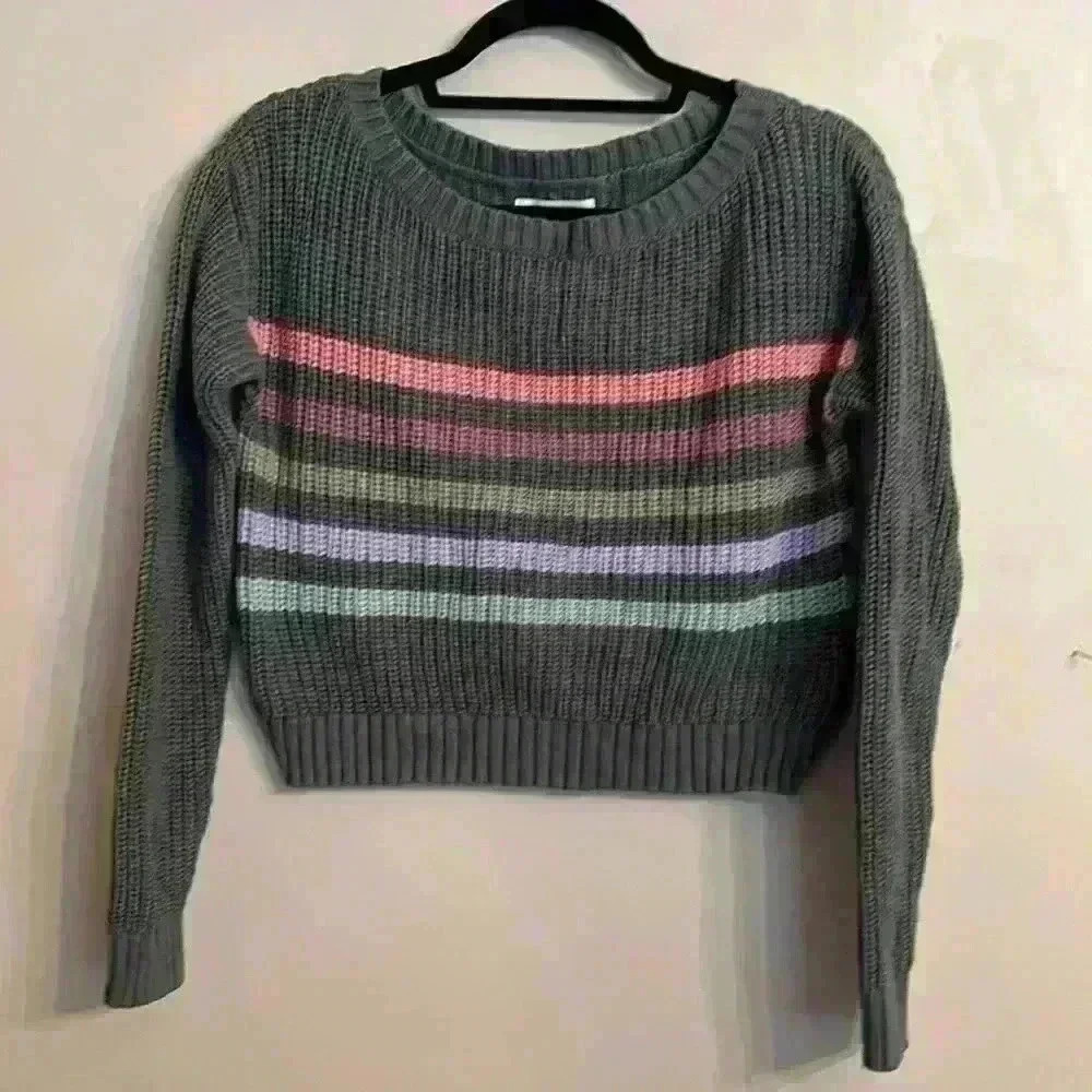 Aeropostale Cropped Chunky Sweater Green with Colorful Stripes XS